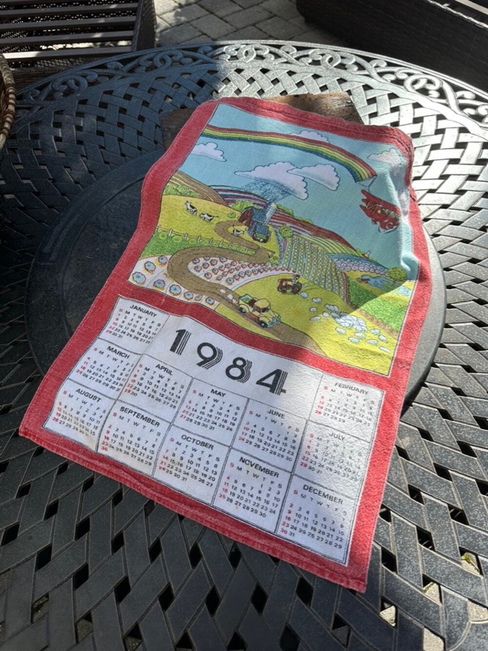 Vintage 1984 Calendar Kitchen Towel Farm Scene Rainbow Tractor Country Decor